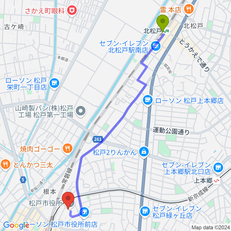 北松戸駅から松戸運動公園体育館へのルートマップ地図