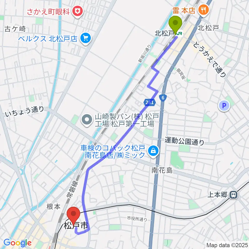 北松戸駅から松戸運動公園体育館へのルートマップ地図