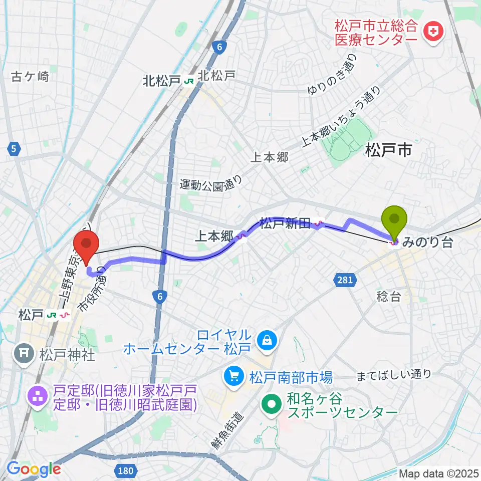 みのり台駅から松戸運動公園体育館へのルートマップ地図