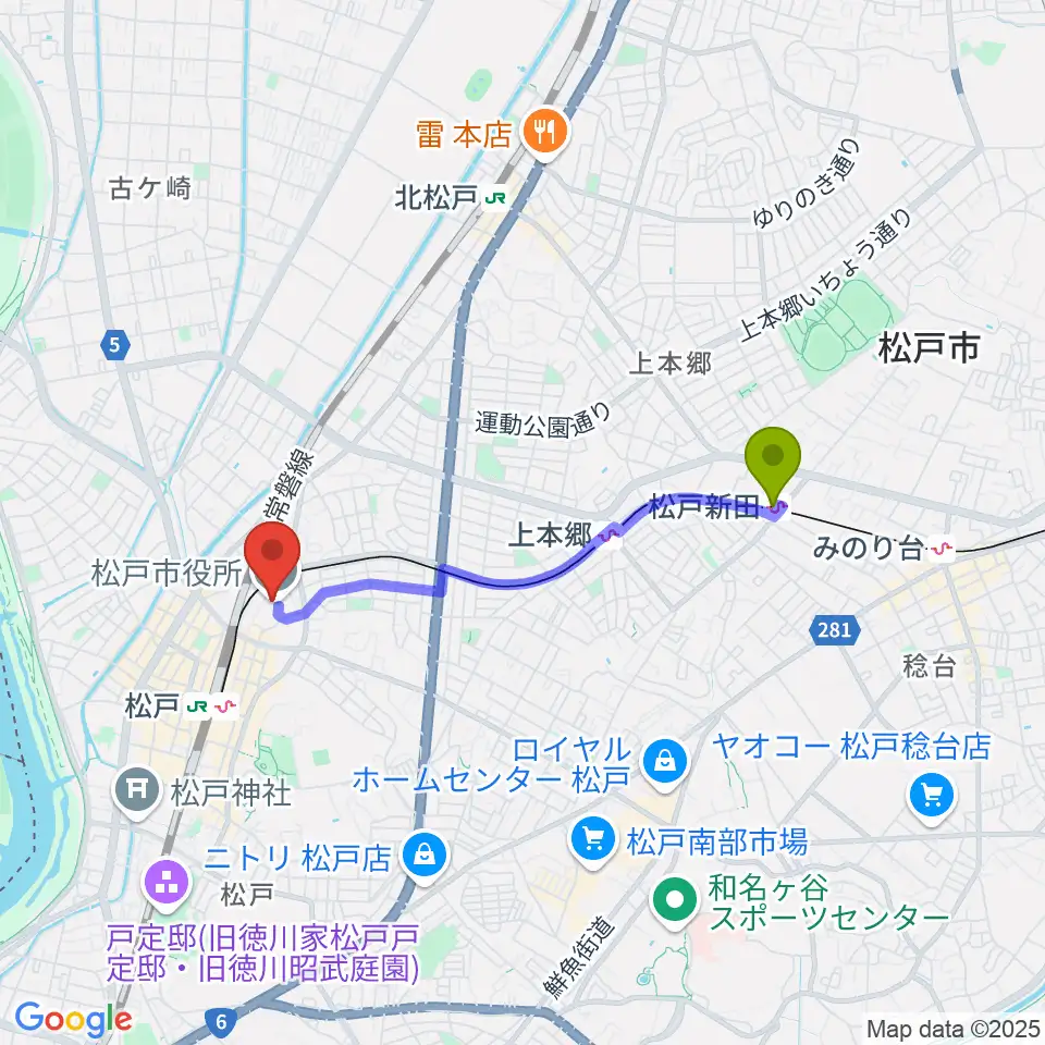 松戸新田駅から松戸運動公園体育館へのルートマップ地図