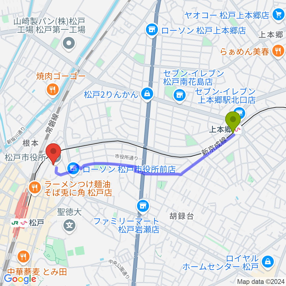 上本郷駅から松戸運動公園体育館へのルートマップ地図