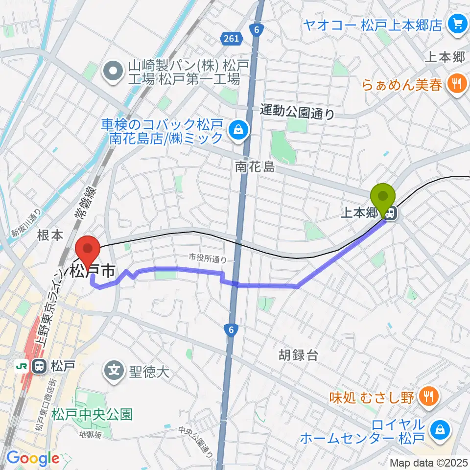 上本郷駅から松戸運動公園体育館へのルートマップ地図