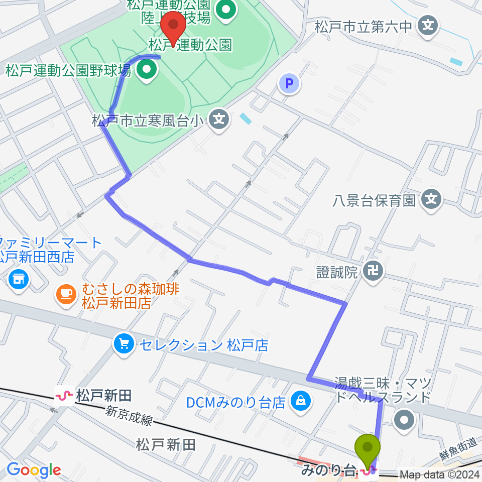 みのり台駅から松戸運動公園武道館へのルートマップ地図