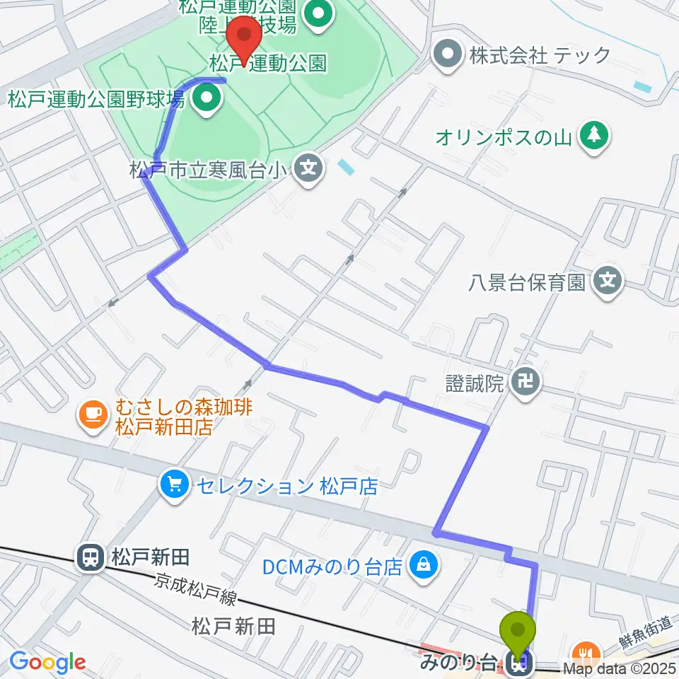 みのり台駅から松戸運動公園武道館へのルートマップ地図