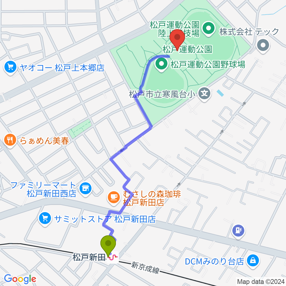 松戸運動公園武道館の最寄駅松戸新田駅からの徒歩ルート（約12分）地図