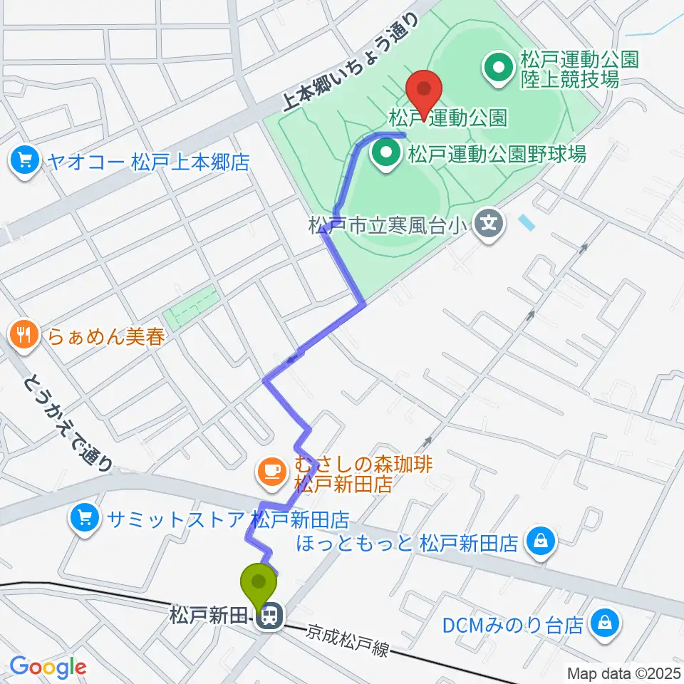 松戸運動公園武道館の最寄駅松戸新田駅からの徒歩ルート（約12分）地図