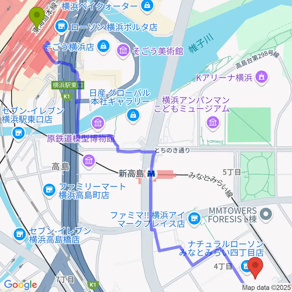 横浜駅からキノシネマ横浜みなとみらいへのルートマップ地図