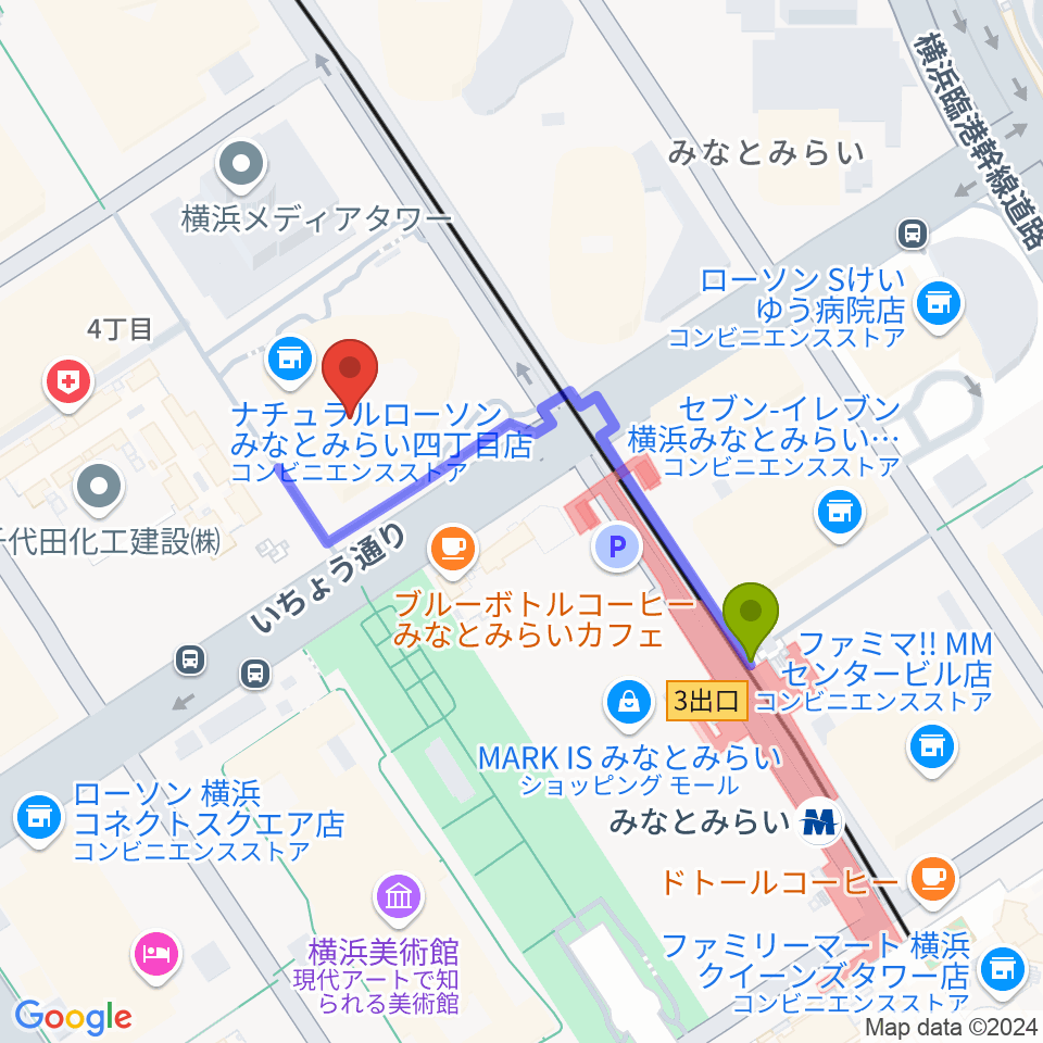 キノシネマ横浜みなとみらいの最寄駅みなとみらい駅からの徒歩ルート（約4分）地図