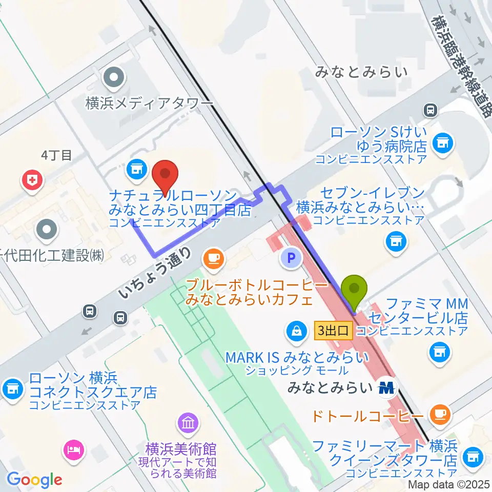 キノシネマ横浜みなとみらいの最寄駅みなとみらい駅からの徒歩ルート（約4分）地図