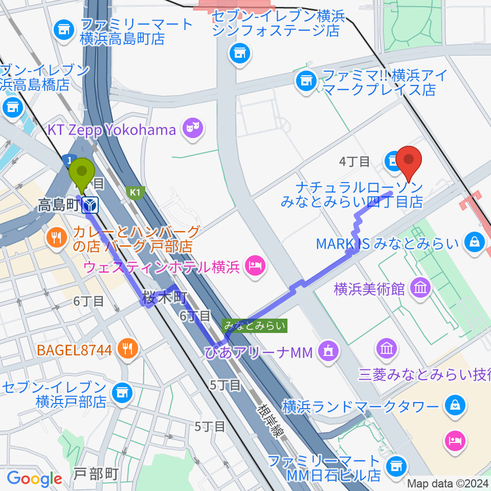 高島町駅からキノシネマ横浜みなとみらいへのルートマップ地図