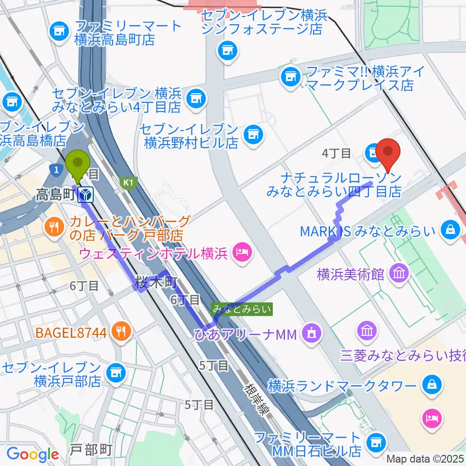 高島町駅からキノシネマ横浜みなとみらいへのルートマップ地図