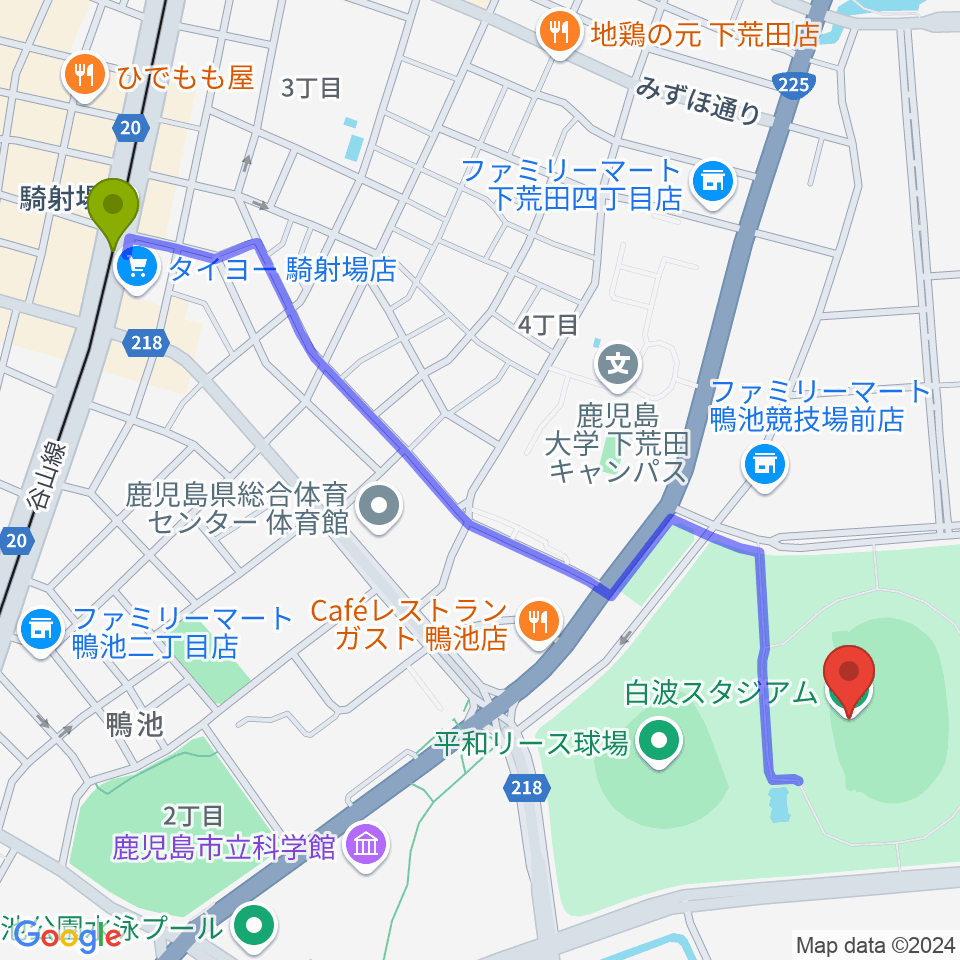 白波スタジアムの最寄駅騎射場駅からの徒歩ルート（約15分）地図