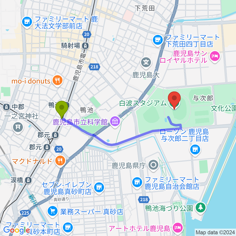 鴨池駅から白波スタジアムへのルートマップ地図