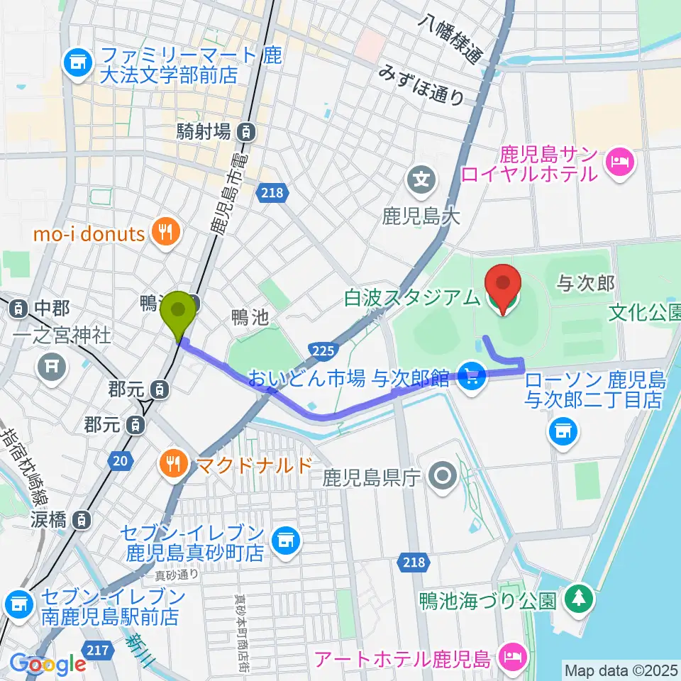 鴨池駅から白波スタジアムへのルートマップ地図