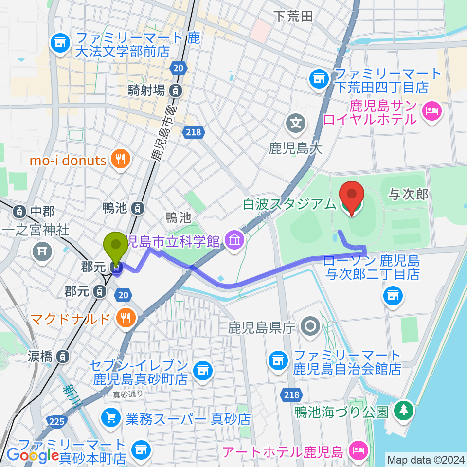 郡元駅から白波スタジアムへのルートマップ地図