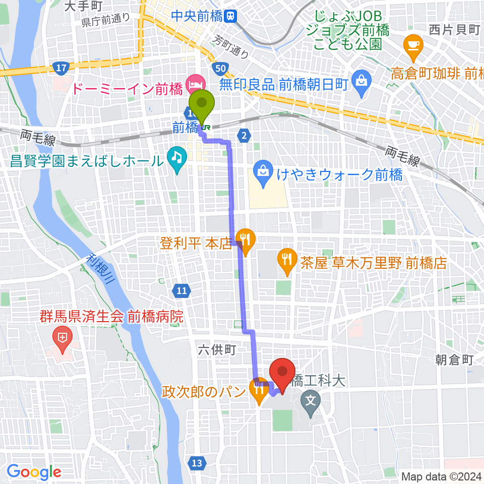 ヤマト市民体育館前橋の最寄駅前橋駅からの徒歩ルート（約36分）地図