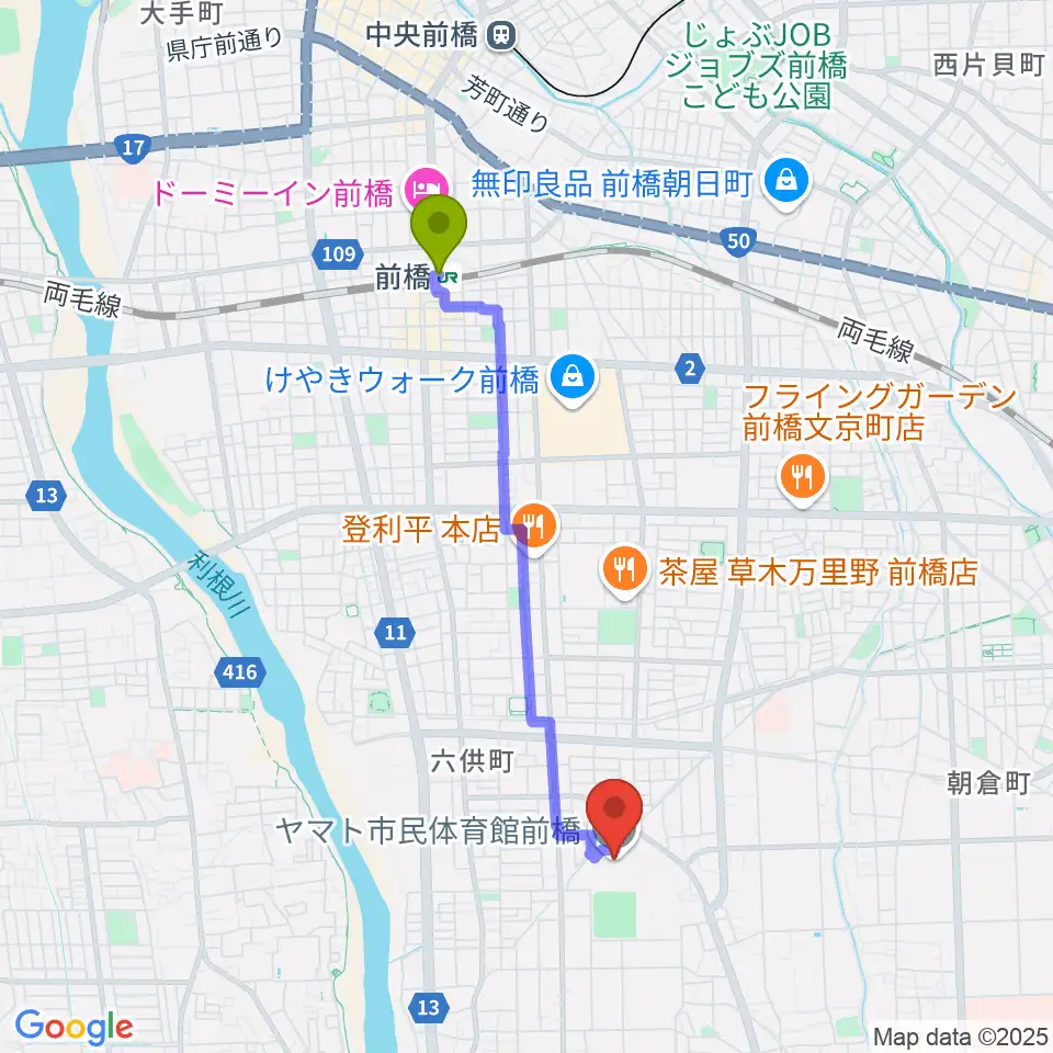 ヤマト市民体育館前橋の最寄駅前橋駅からの徒歩ルート（約36分）地図