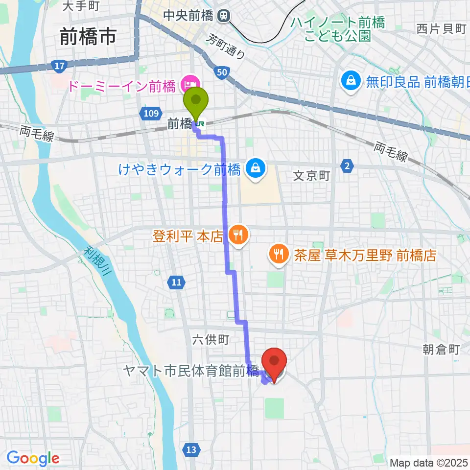 ヤマト市民体育館前橋の最寄駅前橋駅からの徒歩ルート（約36分）地図