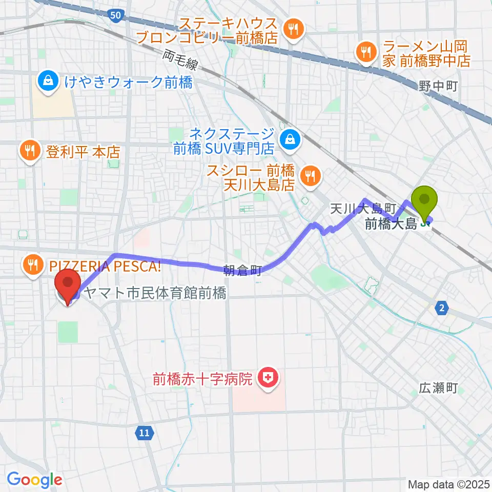 前橋大島駅からヤマト市民体育館前橋へのルートマップ地図