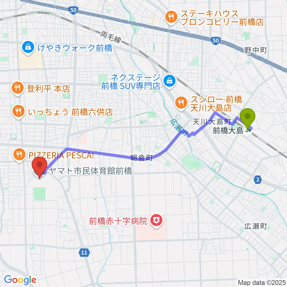 前橋大島駅からヤマト市民体育館前橋へのルートマップ地図