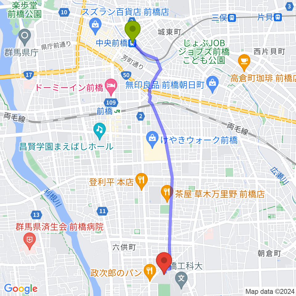 中央前橋駅からヤマト市民体育館前橋へのルートマップ地図