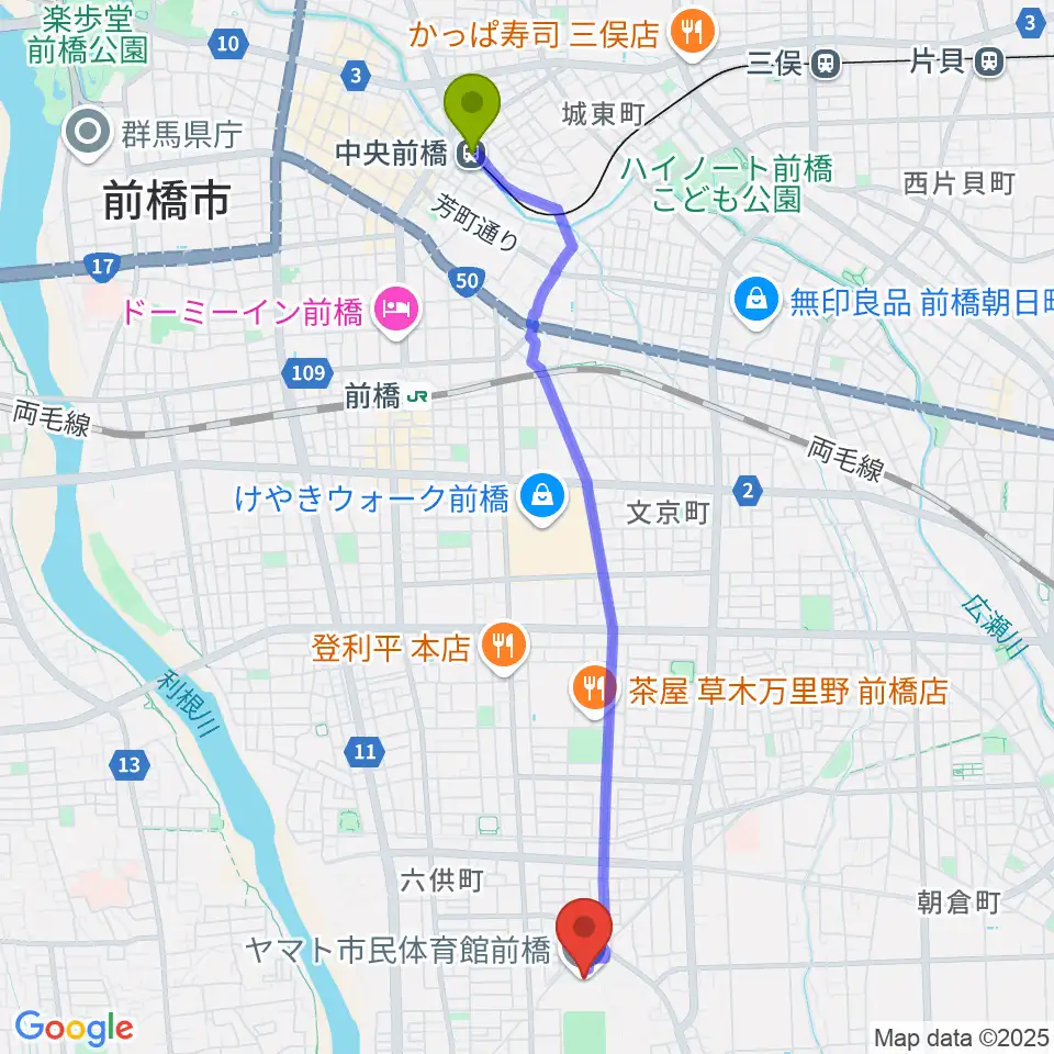 中央前橋駅からヤマト市民体育館前橋へのルートマップ地図
