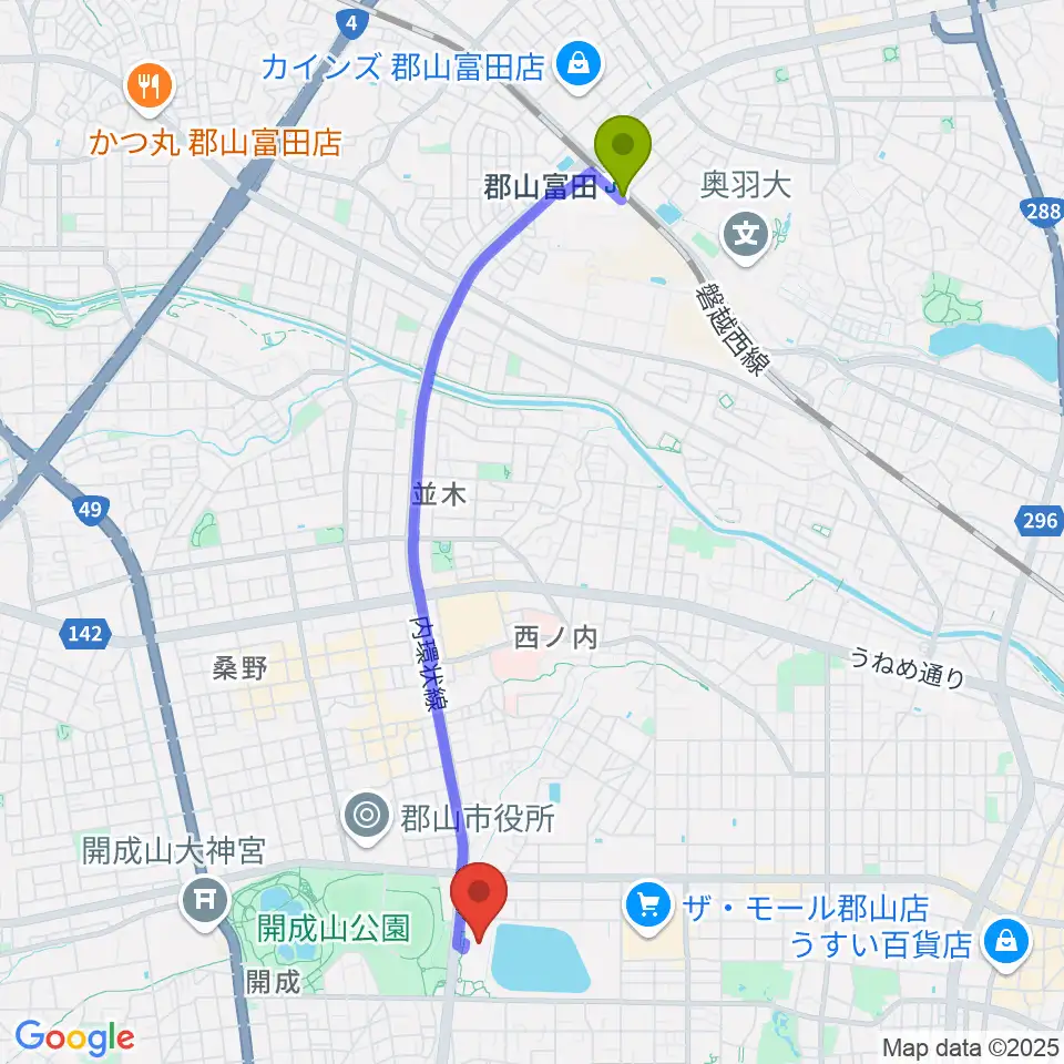 郡山富田駅から宝来屋 ボンズアリーナへのルートマップ地図