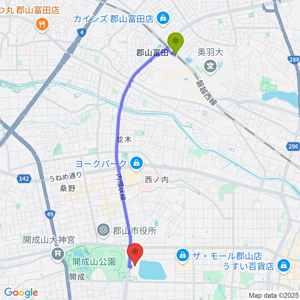 郡山富田駅から宝来屋 ボンズアリーナへのルートマップ地図