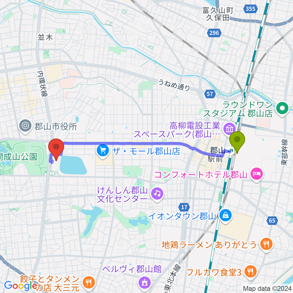 宝来屋 郡山総合体育館の最寄駅郡山駅からの徒歩ルート（約38分）地図