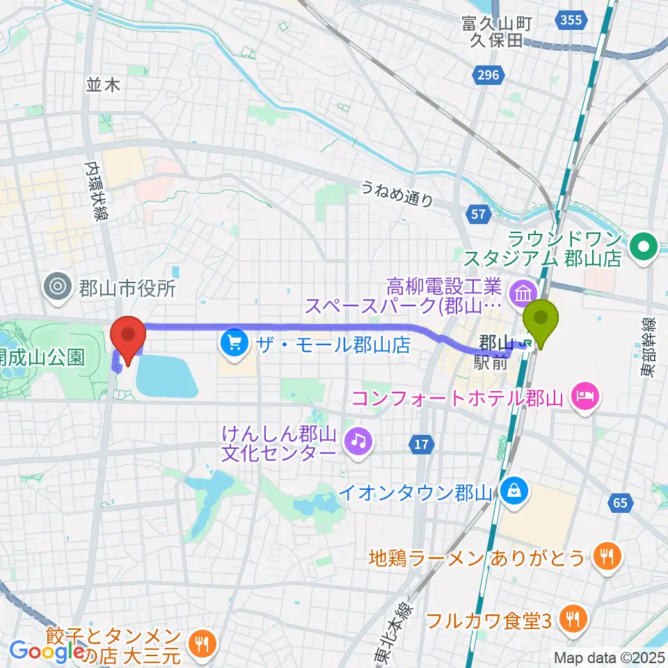 宝来屋 ボンズアリーナの最寄駅郡山駅からの徒歩ルート（約38分）地図