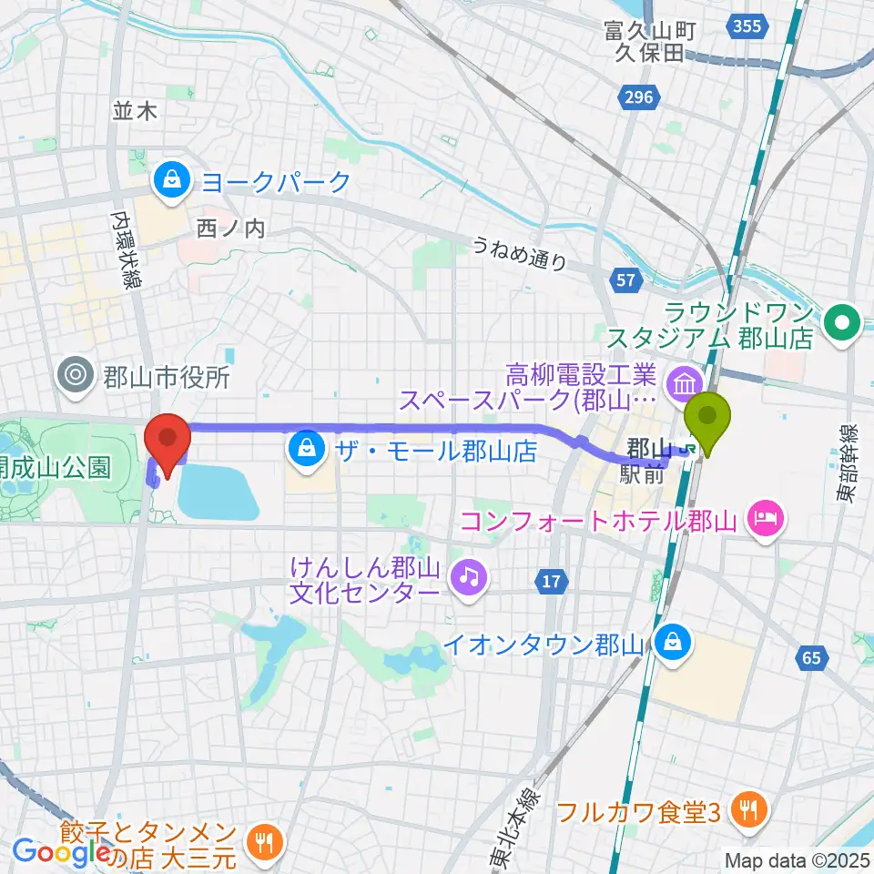 宝来屋 ボンズアリーナの最寄駅郡山駅からの徒歩ルート（約38分）地図