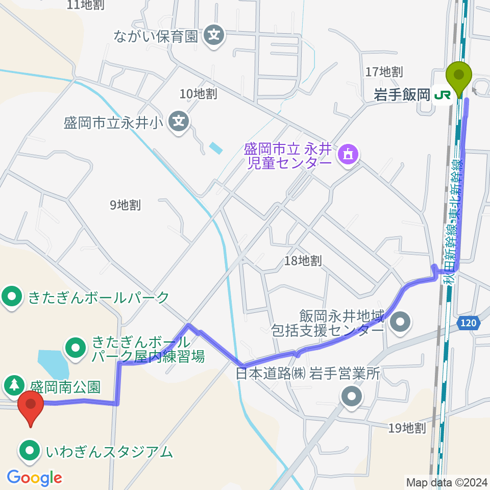 いわぎんスタジアムの最寄駅岩手飯岡駅からの徒歩ルート（約16分）地図