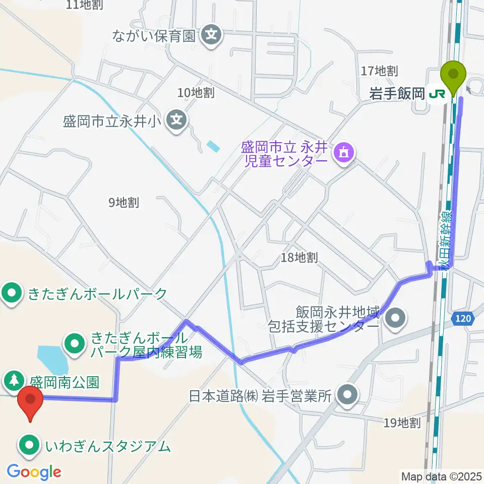 いわぎんスタジアムの最寄駅岩手飯岡駅からの徒歩ルート（約16分）地図
