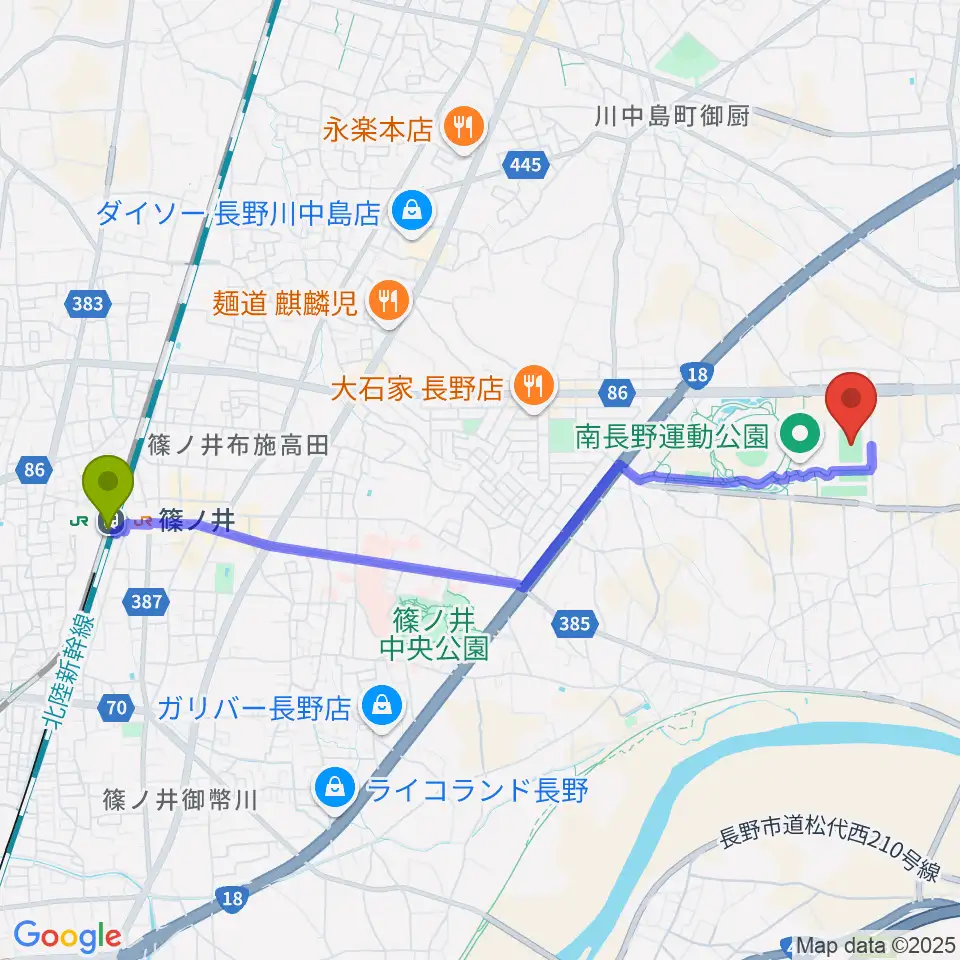 篠ノ井駅から長野Uスタジアムへのルートマップ地図