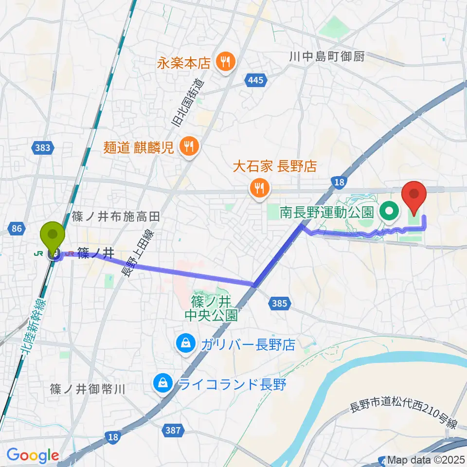 篠ノ井駅から長野Uスタジアムへのルートマップ地図