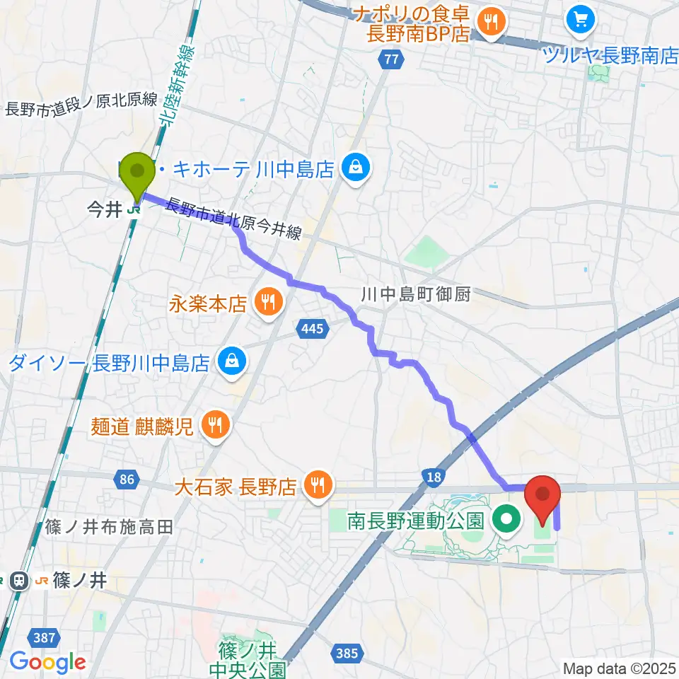 長野Uスタジアムの最寄駅今井駅からの徒歩ルート（約47分）地図