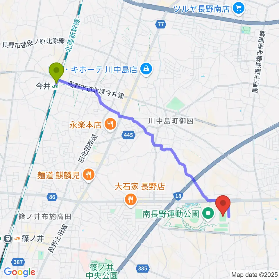 長野Uスタジアムの最寄駅今井駅からの徒歩ルート（約47分）地図