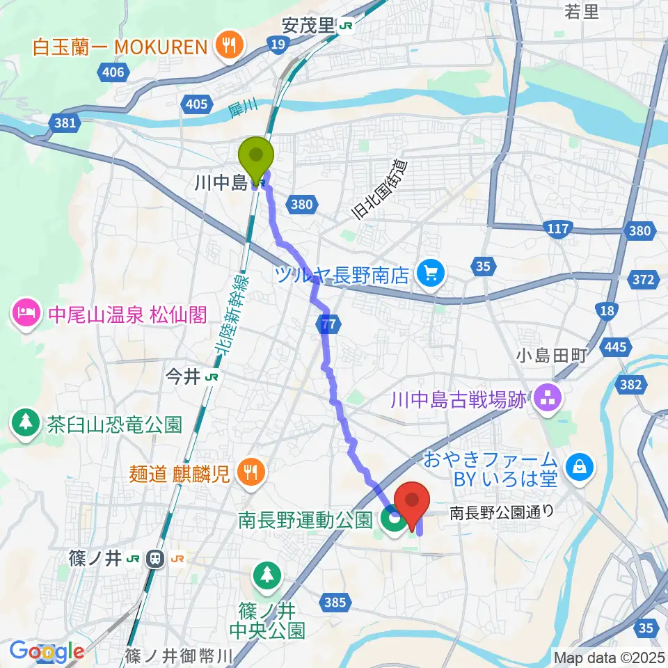 川中島駅から長野Uスタジアムへのルートマップ地図