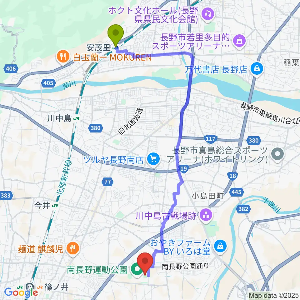 安茂里駅から長野Uスタジアムへのルートマップ地図