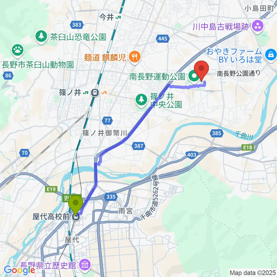 屋代高校前駅から長野Uスタジアムへのルートマップ地図