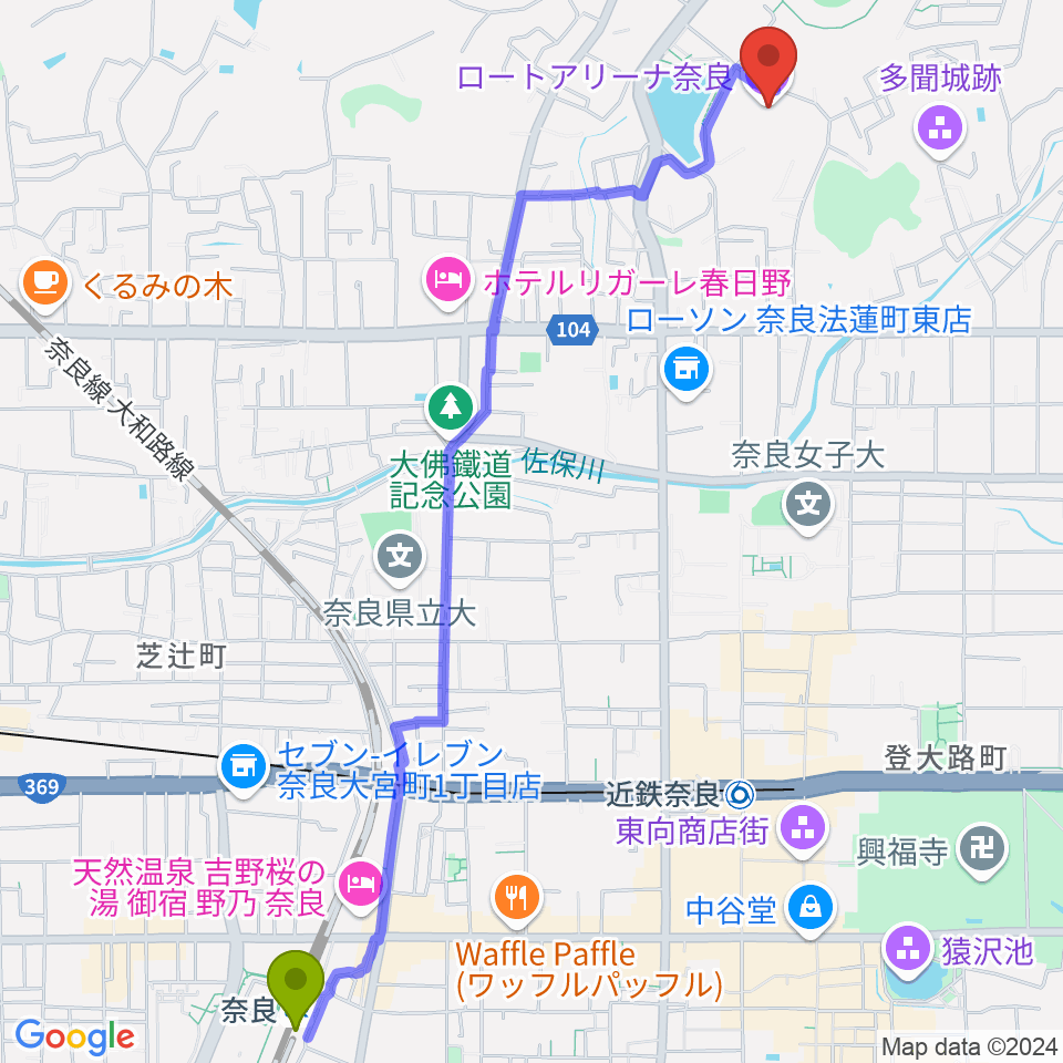 奈良駅からロートアリーナ奈良 奈良市中央体育館へのルートマップ地図