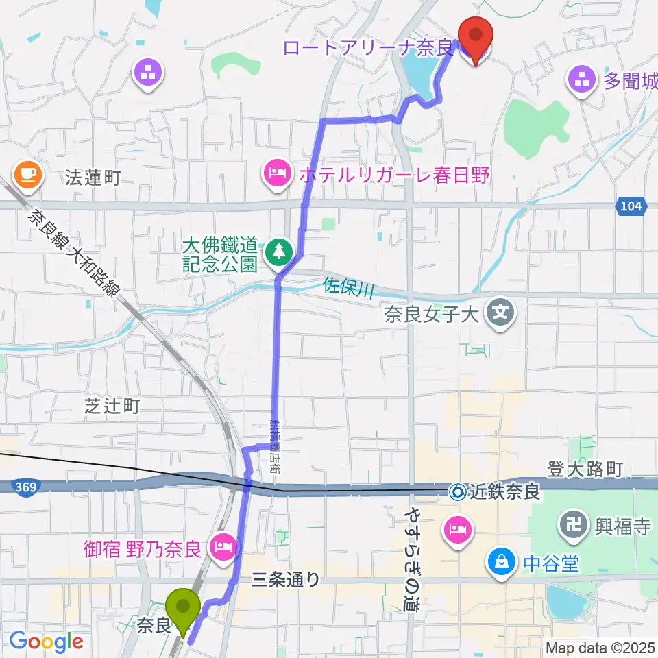 奈良駅からロートアリーナ奈良へのルートマップ地図