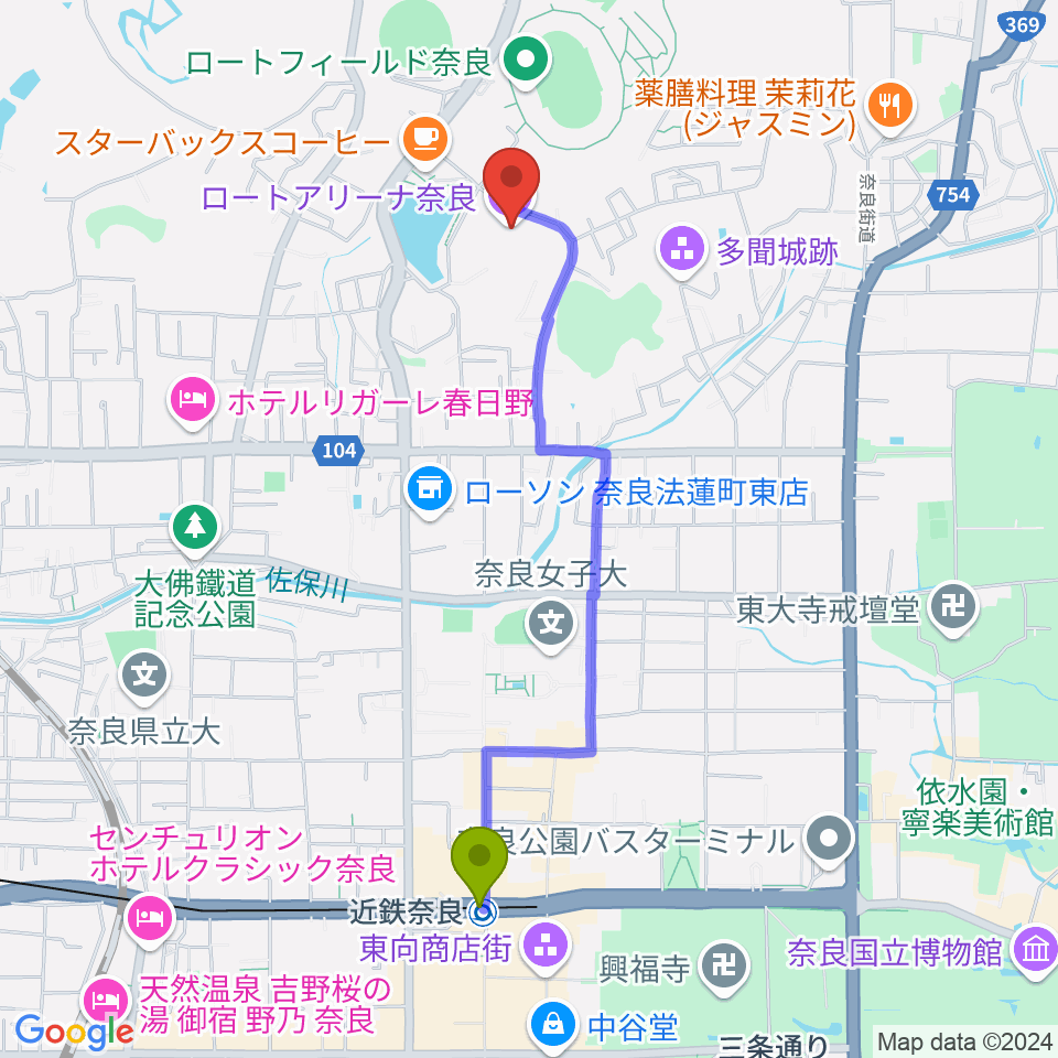 ロートアリーナ奈良 奈良市中央体育館の最寄駅近鉄奈良駅からの徒歩ルート（約20分）地図