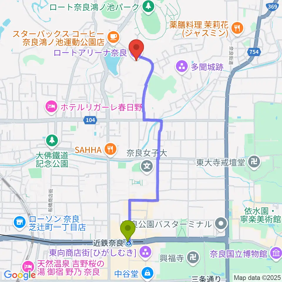 ロートアリーナ奈良の最寄駅近鉄奈良駅からの徒歩ルート（約20分）地図