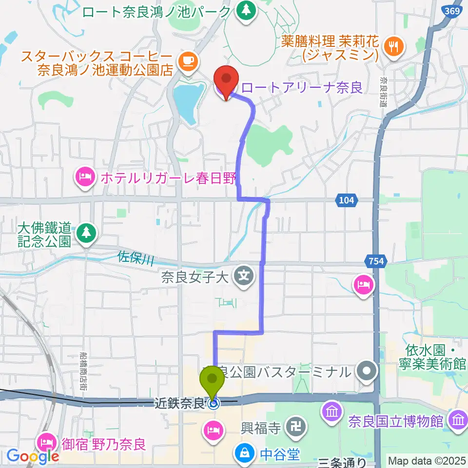 ロートアリーナ奈良の最寄駅近鉄奈良駅からの徒歩ルート（約20分）地図