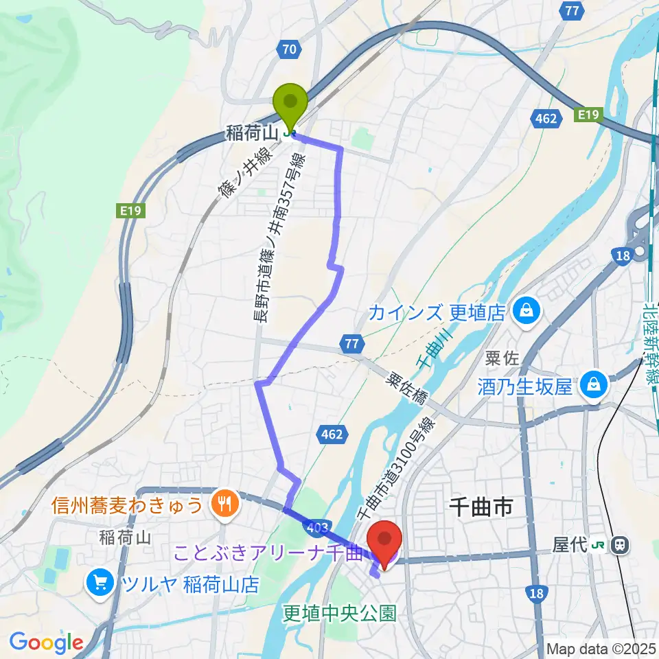 稲荷山駅からことぶきアリーナ千曲へのルートマップ地図