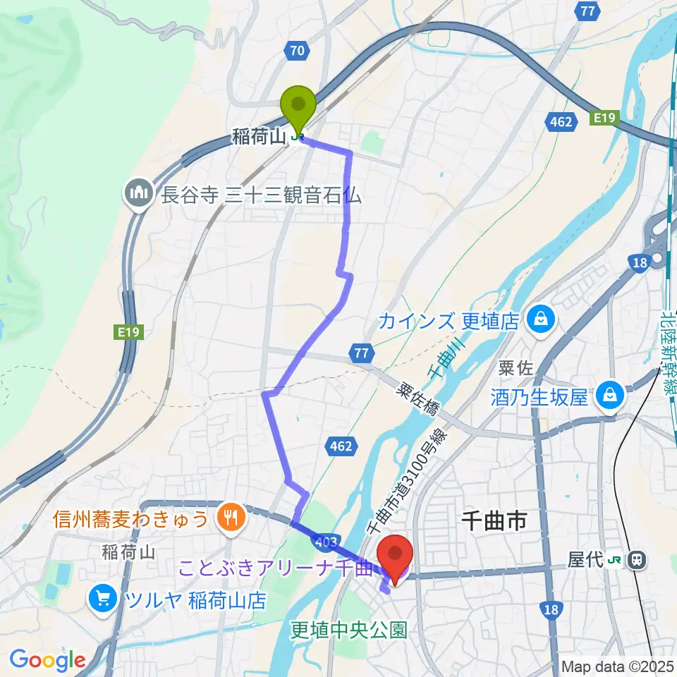 稲荷山駅からことぶきアリーナ千曲へのルートマップ地図