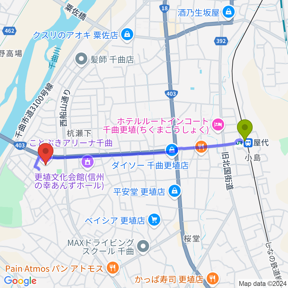 ことぶきアリーナ千曲の最寄駅屋代駅からの徒歩ルート（約21分）地図