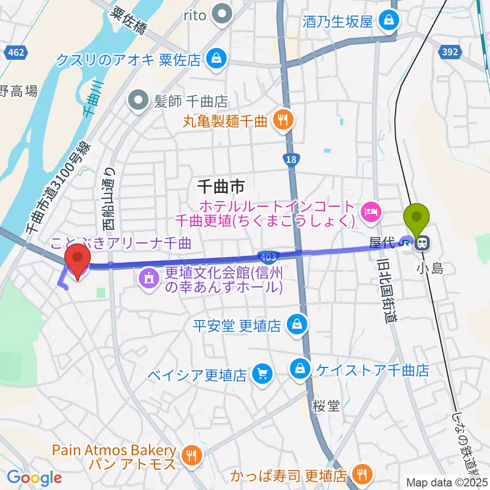 ことぶきアリーナ千曲の最寄駅屋代駅からの徒歩ルート（約21分）地図