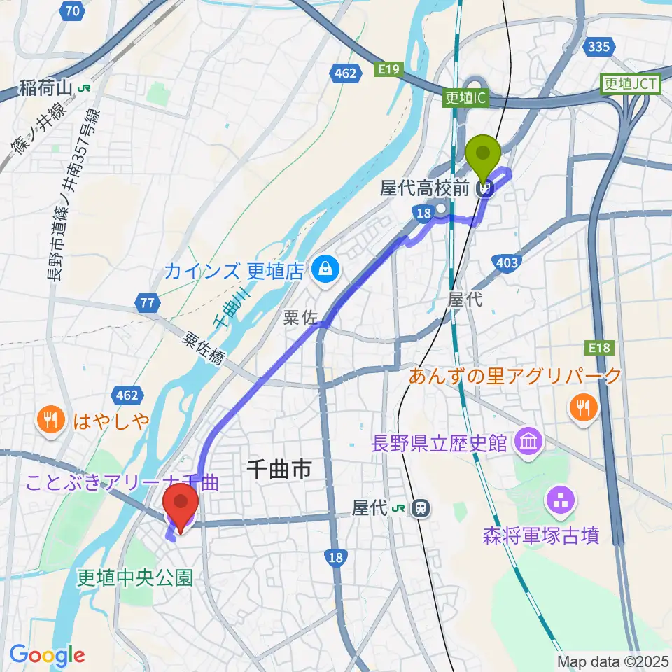 屋代高校前駅からことぶきアリーナ千曲へのルートマップ地図